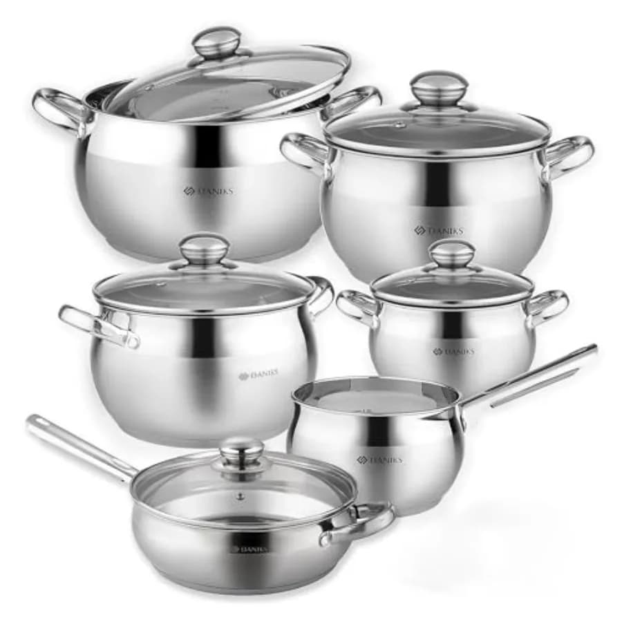Set Classico di Pentole in Acciaio Inossidabile da 11 Pezzi con Coperchi in Vetro, Include Casseruola e Padella con Coperchio, Basi Tri-Ply per Cottura Uniforme