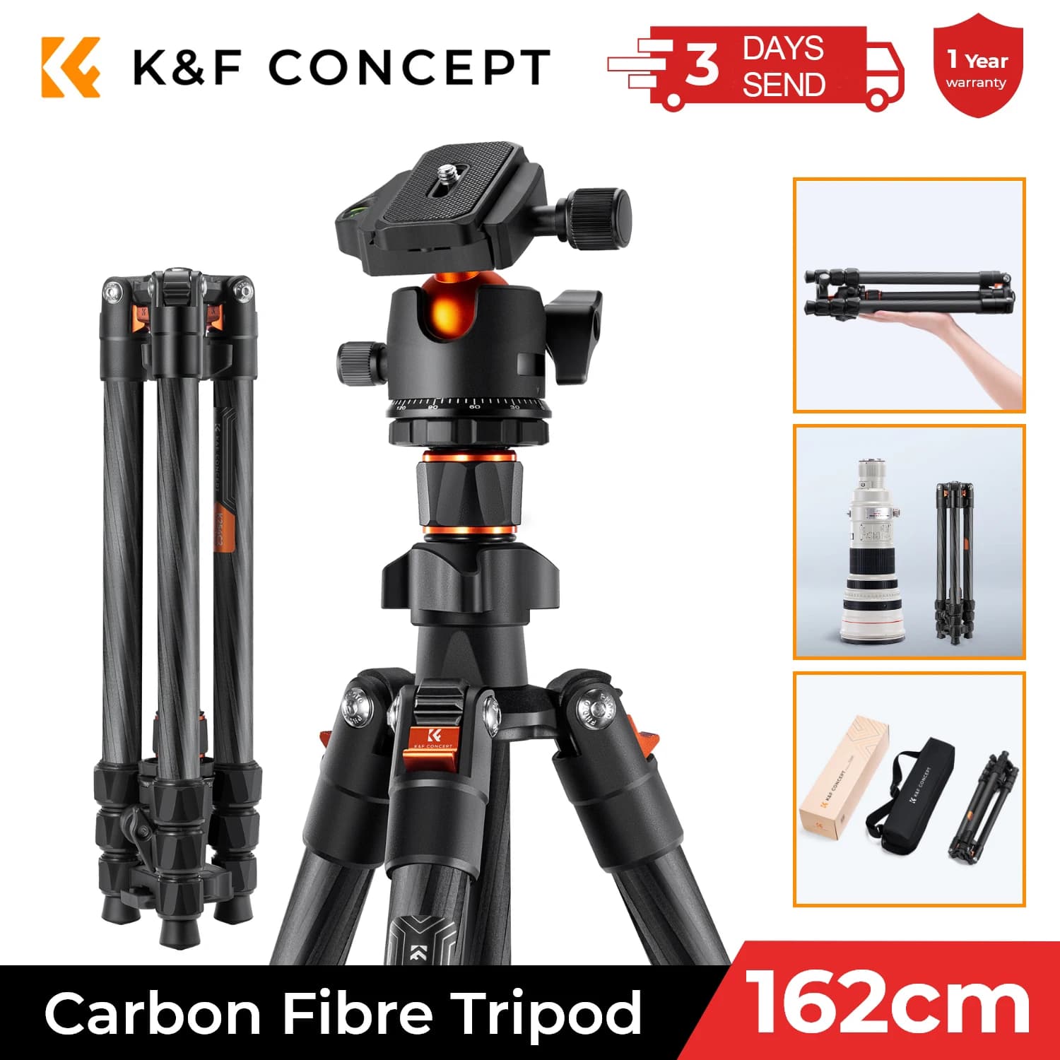 K&F CONCEPT Light Travel Tripod in Carbon Fiber 64"/1.6m with Metal Sfer Head from 36mm, 8kg/17.6lbs and Quick Hook Plate