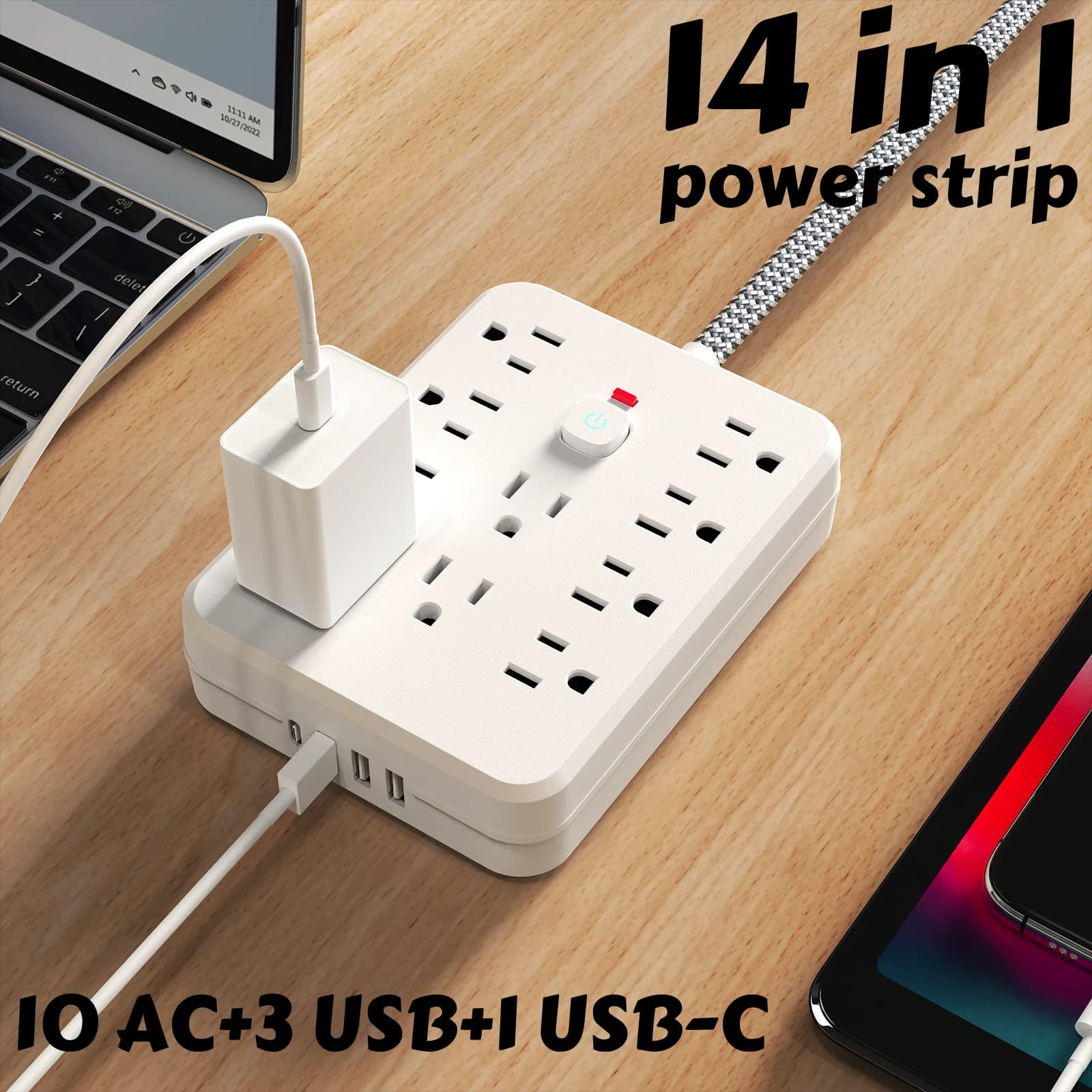 Prese da 10AC con cavo in materiale intrecciato da 5 piedi, 3USB, 1 porte di ricarica rapida USB-C La protezione da sovratensione per ciabatta fornisce prot di sovraccarico