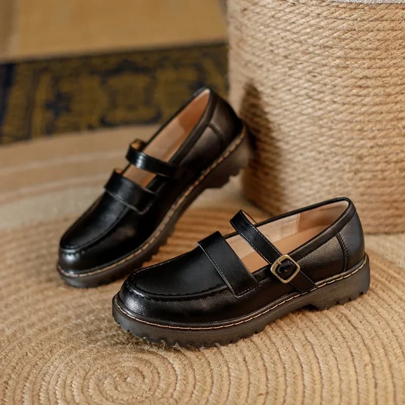 Genuine Leather Girls Leather Shoes Women's Thick Sole Loafers College Style Shallow Mouth Buckle Strap JK Uniform Single Shoes