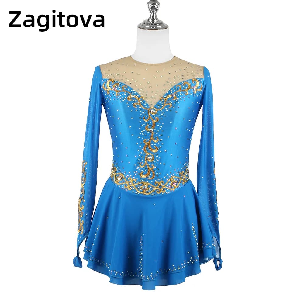 Zagitova Abito da pattinaggio di figura personalizzato Donna Ragazza Gonna da pattinaggio su ghiaccio Concorso Gonna a rete Ginnastica Blu cielo