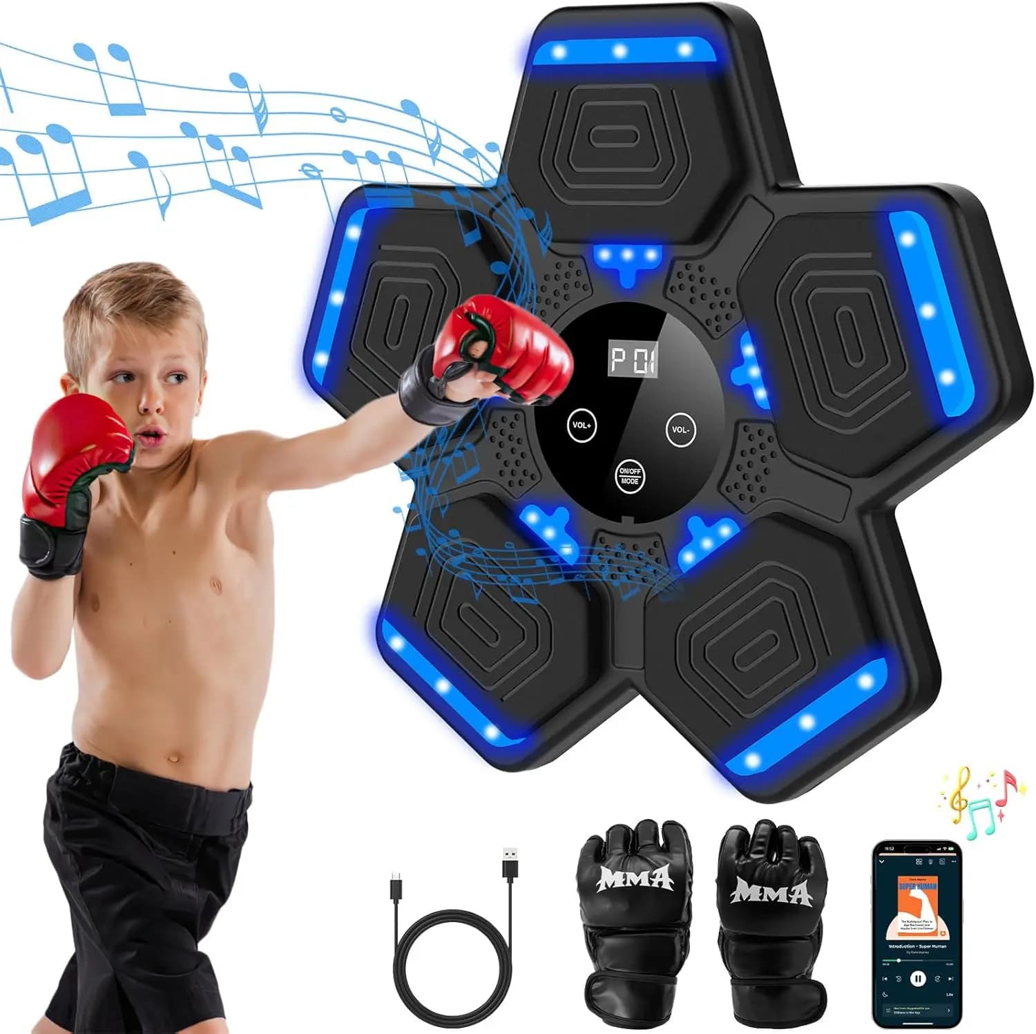 Macchina Musicale da Boxe per Adulti e Bambini - Pad da Pugilato Intelligente con Guanti, Montaggio a Parete, Bluetooth, per Casa/Ufficio/Palestra