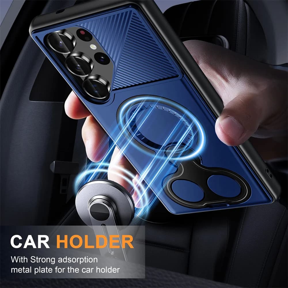 Magnetic phone case with folding bracket for luxury finger ring for Samsung S25 Edge S24 Ultra S23 Plus A56 A36 A26 A16 Armor Cover