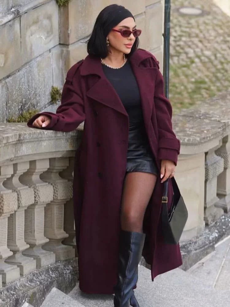 HH Moda Donna Risvolto Doppio Petto Tasca Cintura Decorazione Giacca a vento Donna Autunno Inverno Solido Casual Cappotto lungo allentato
