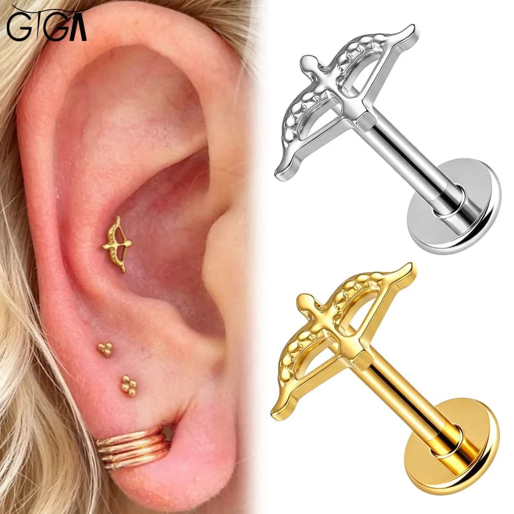 Giga 1Pcs ASTM F136 Titanium Cupid's Bow Arrow Labret Studs Tragus Conch Cartilage Earring Helix Flat Nose Piercing Body Jewelry