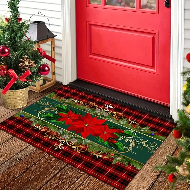 VIKAMA Christmas Welcome Mat Tartan Plaid Poinsettia Holly Gold Scroll Front Rug Soft Non Slip Christmas Holiday Decor