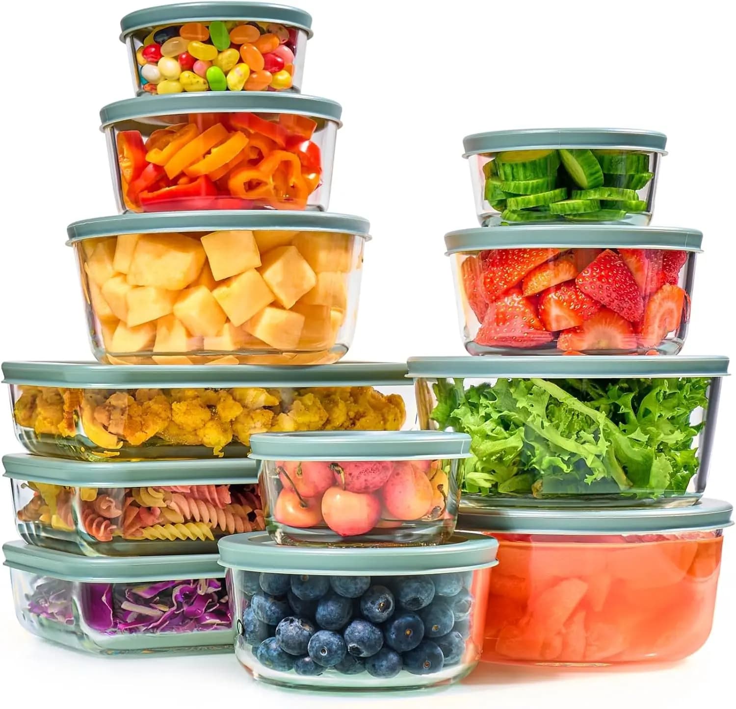 Set da 24 contenitori e ciotole in vetro per alimenti con coperchi ermetici - Contenitori impilabili a tenuta stagna senza BPA per la preparazione dei pasti