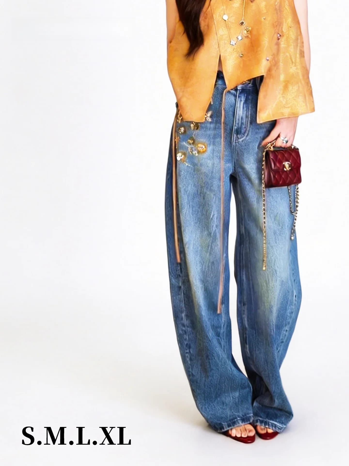 Heavy Embellished Denim Jeans High Waist Wide Leg Casual Style Washed Cotton Spring New Arrival Women's Premium Fashion