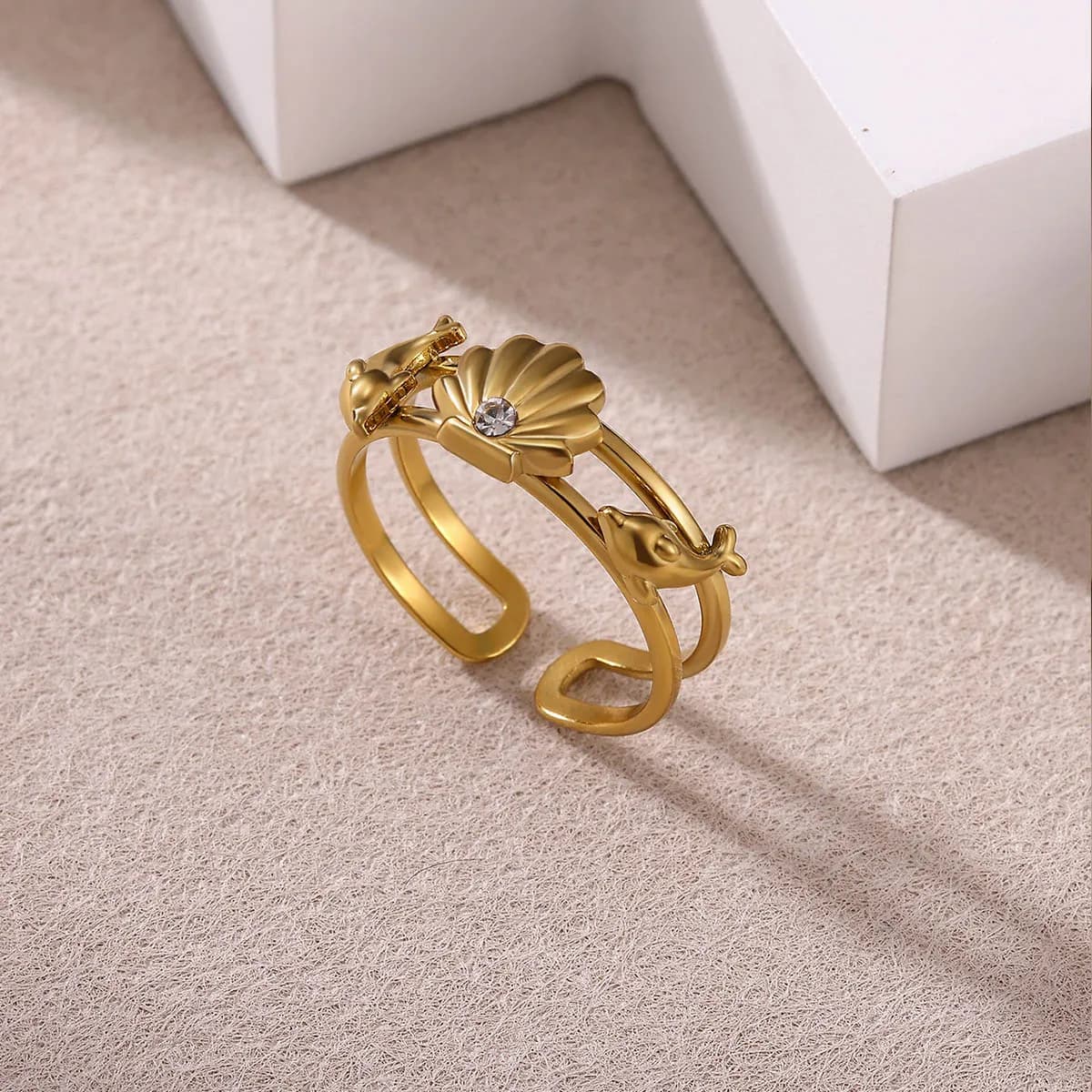 Anelli di delfini con conchiglia in acciaio inossidabile per donne Ragazze che aprono l'anello di barretta con zirconi color oro Regalo estetico per feste di gioielli oceanici
