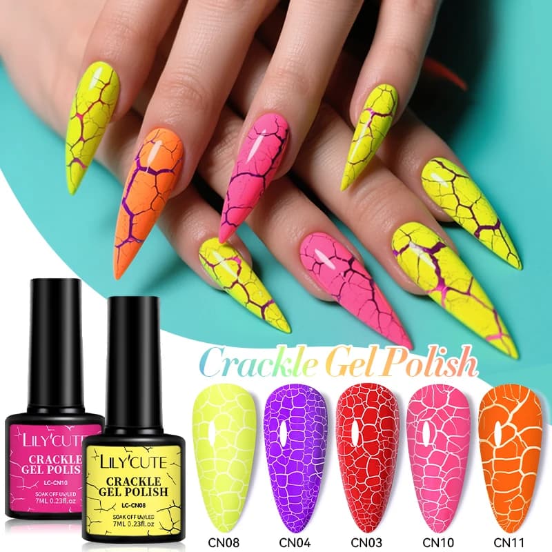 LILYCUTE 7ml Neon Crackle Gel Smalto per unghie Gel UV semipermanente Estate Fluorescente Cracking Gel per unghie Nail Art Vernice Salon Fai da te