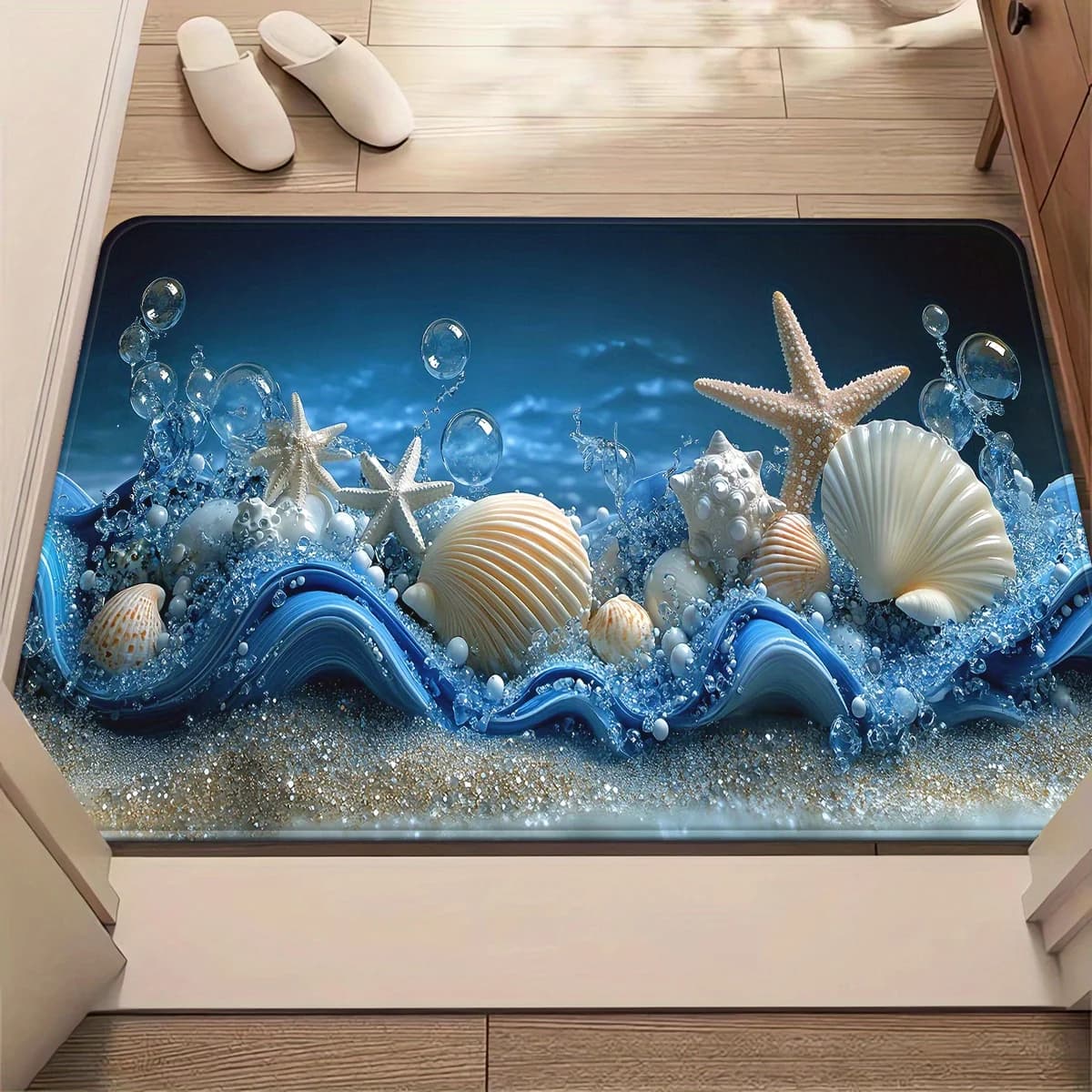 3D Blue Waves Seashells Starfish Bubbles Floor Mat Flannel Rug 3D Printed Carpet Home Decor Bathroom Rug Anti slip Washable