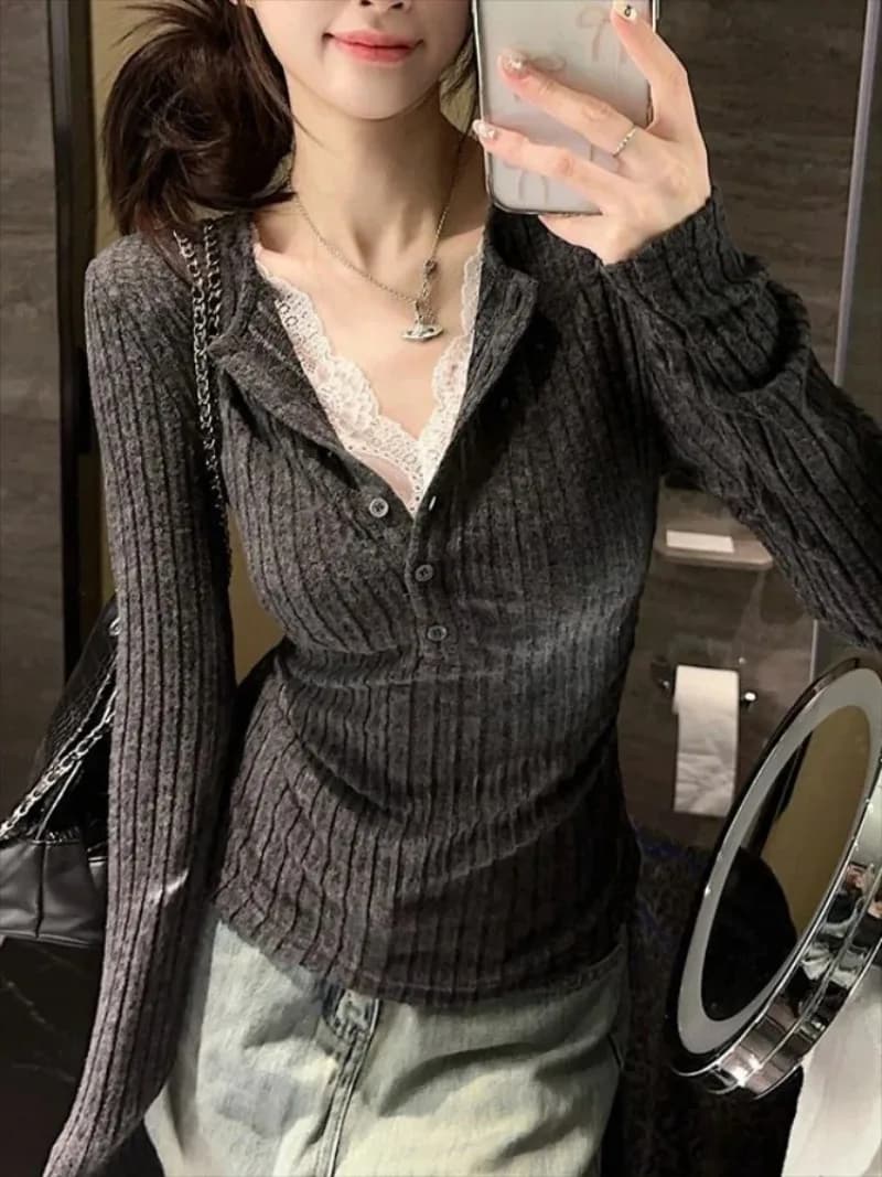 Slim Aesthetic Women Knit Top Fake Two Piece V Neck Long Sleeve T-shirt Vintage Lace Patchwork Daily Casual Basic Base Shirt