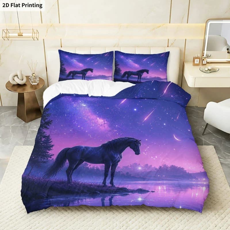 Set Copripiumino 3 Pezzi, 1 Copripiumino + 2 Federe (Senza Imbottitura) Viola Notte Stellata con Animali
