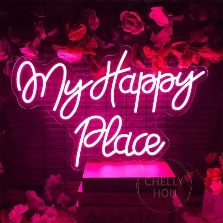 Insegna al Neon LED 'My Happy Place' Alimentata via USB, Luce Notturna 3D, Decorazione per Parete, Sala Giochi, Camera da Letto e Feste