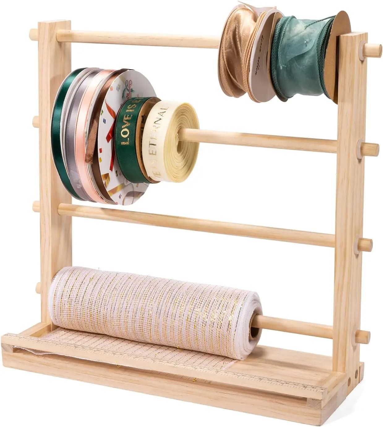Ribbon Storage Rack Spool Holder Organizer with 4 Spindles for Sewing Craft Wreath Mesh Crochet Thread Tulle Roll Washi Tape