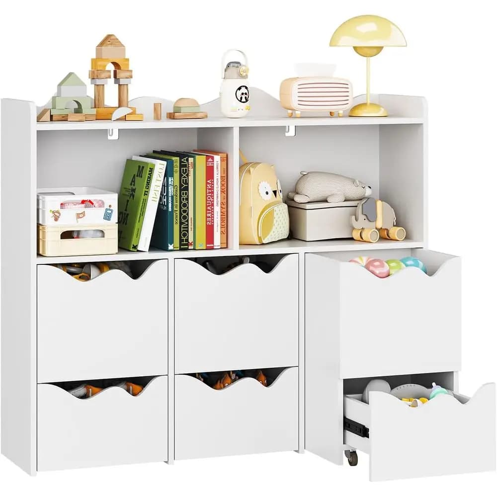 Organizzatore Portaoggetti in Legno Bianco con Ripiano Espositivo, Scomparti Aperti e 3 Cassetti per Sala Giochi