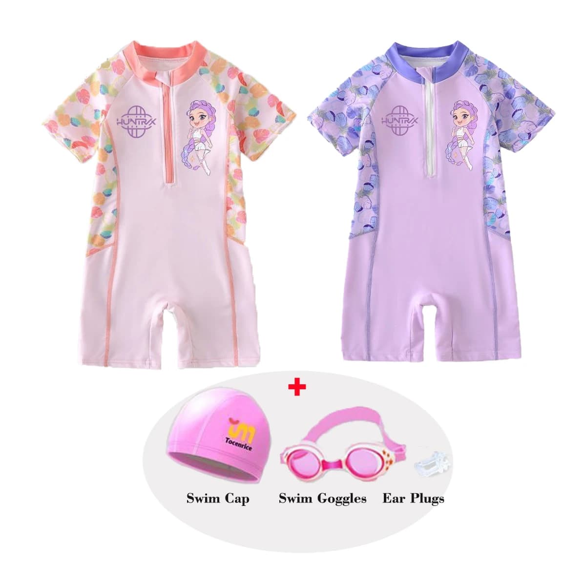 Costume da bagno intero Kpop per ragazze, set Rumi con cuffia, occhialini e tappi per le orecchie