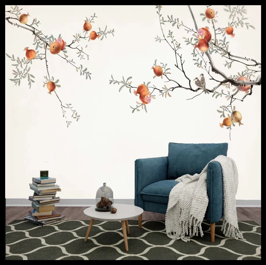 Murale personalizzato con magnolia cinese e uccelli, carta da parati retrò con sfondo blu e marrone, pittura decorativa con albero di cedro e melograno