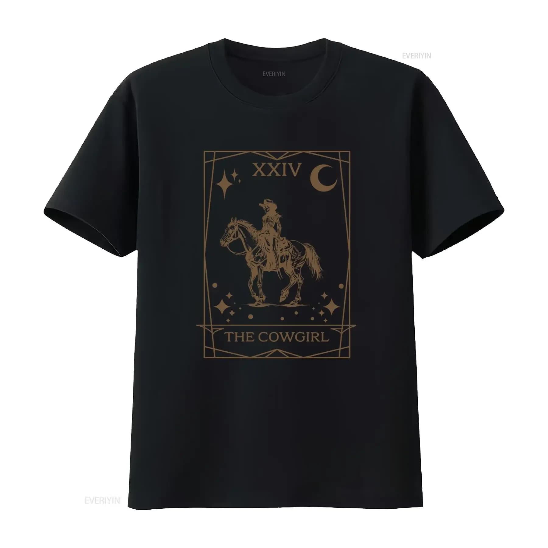 T-shirt Halloween Cowgirl con Carta dei Tarocchi, Design Scheletro Cavallo Rodeo per Ragazze Country, Vintage Lavato, Moda Elasticizzata Casual