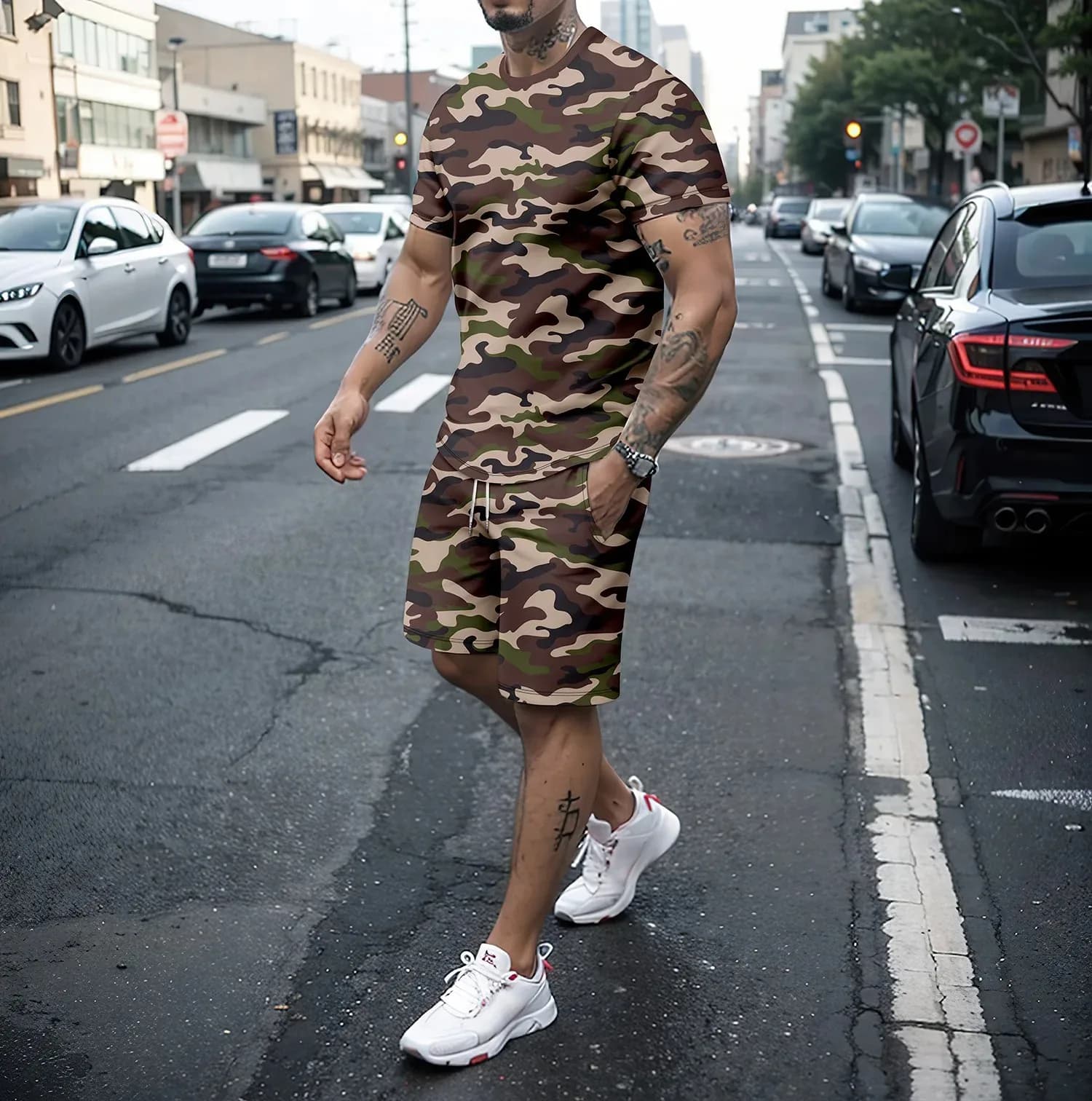 Tute Mimetiche da Esterno con Stampa 3D, Completi Sportivi da Uomo e Donna, T-Shirt a Maniche Corte con Collo a O e Pantaloncini, Set Sportivo 2 Pezzi, Abbigliamento Maschile