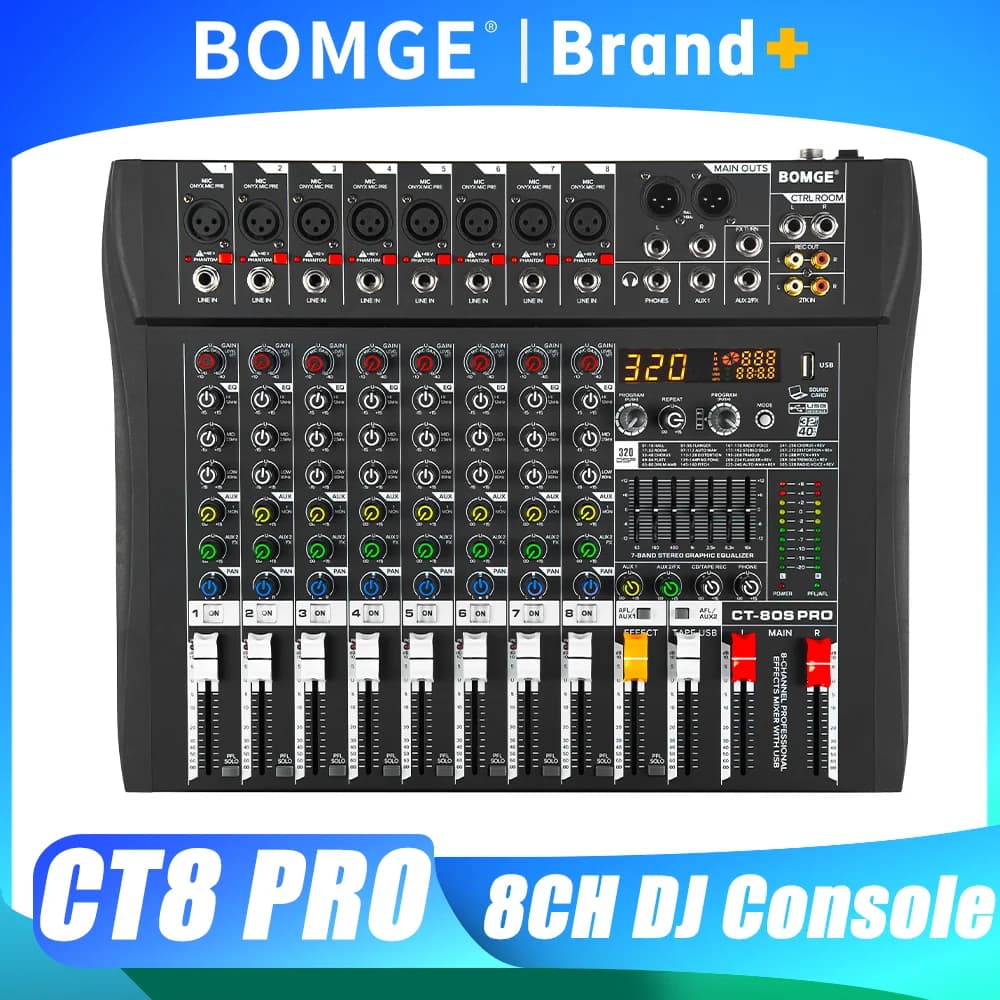 BOMGE Mixer Audio Professionale a 8 Canali, Console DJ con 320 DSP, Bluetooth, USB, Alimentazione Phantom 48V, EQ a 7 Bande, Uscita REC, Aux, Karaoke