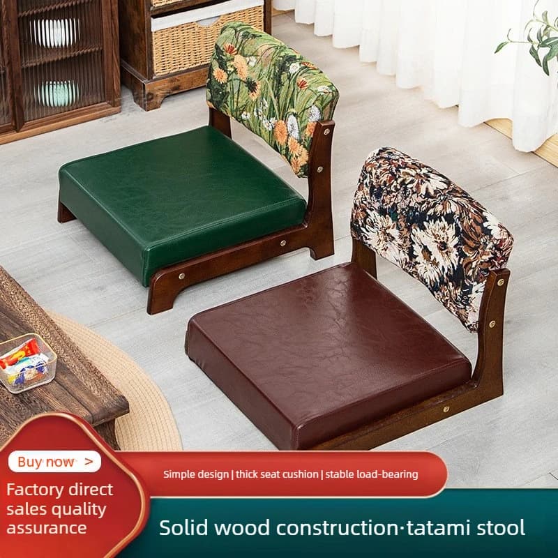 Sedia tatami in legno massello in stile vintage, sedia con cuscino in spugna, sedia con schienale, sedia da pavimento senza gambe in legno massello, tessuto in pelle