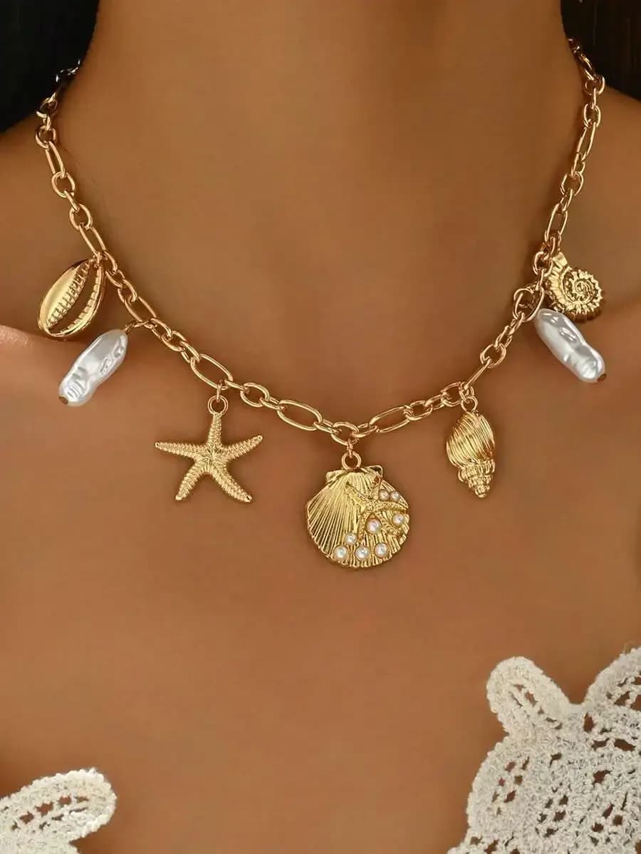 Set di 2 Collane Estive con Perle Finte e Ciondoli, Set di Gioielli alla Moda con Pendente a Tema Marino per Donne