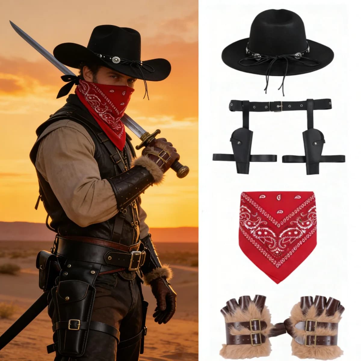 Set di accessori per costume da cowboy western da uomo, cappello + bandana rossa + cintura con fondina per pistola in pelle PU + polsini in pelliccia, costume cosplay del Selvaggio West