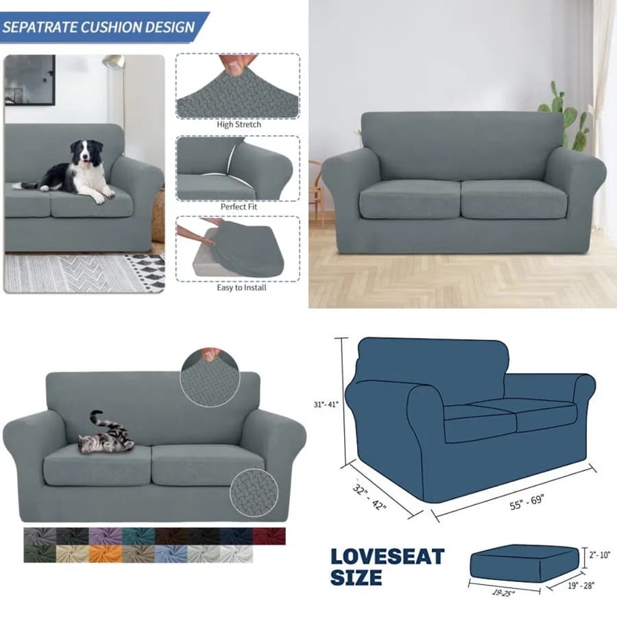 3 Pieces Stretch Couch Covers for 2 Cushion Couch Fitted Thick Loveseat Sofa Slipcover with 2 Seat Cushion Covers for Living Ro