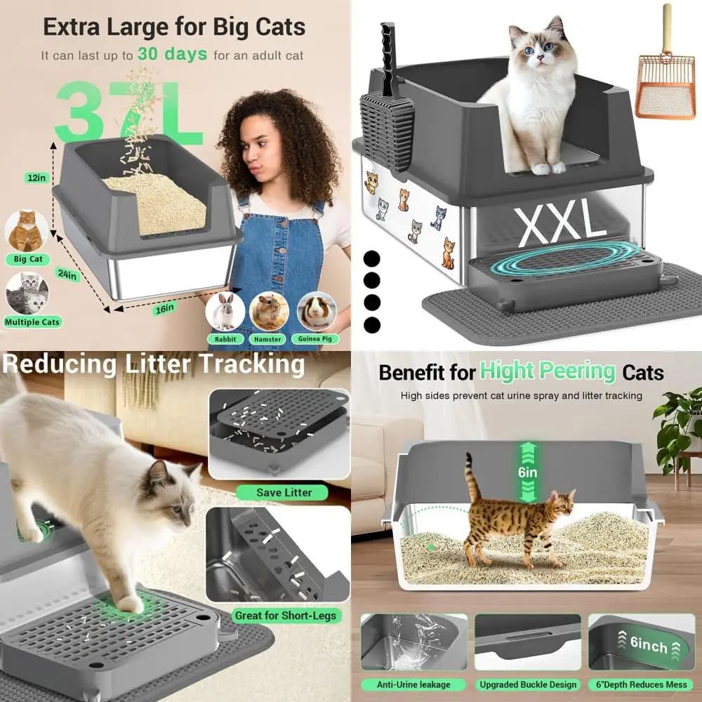 Lettiera per Gatti Extra Large in Acciaio Inossidabile con Bordi Alti per Gatti Grandi - Anti-Perdita, Controllo Odori, Facile da Pulire, con Tappetino e Paletta