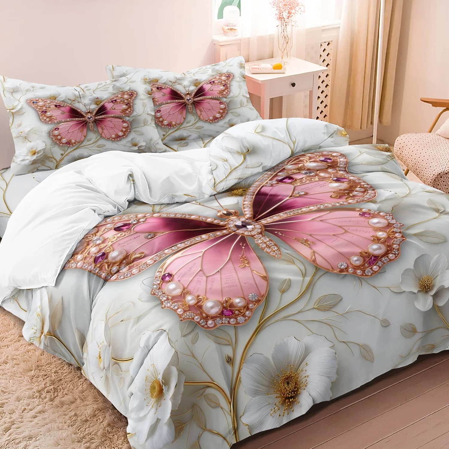 Set di Biancheria da Letto di Lusso con Stampa Farfalle e Gemme, 3 Pezzi, Copripiumino Rosa con Farfalle e Gemme, 1 Copripiumino + 2 Federe (Senza Imbottiture)