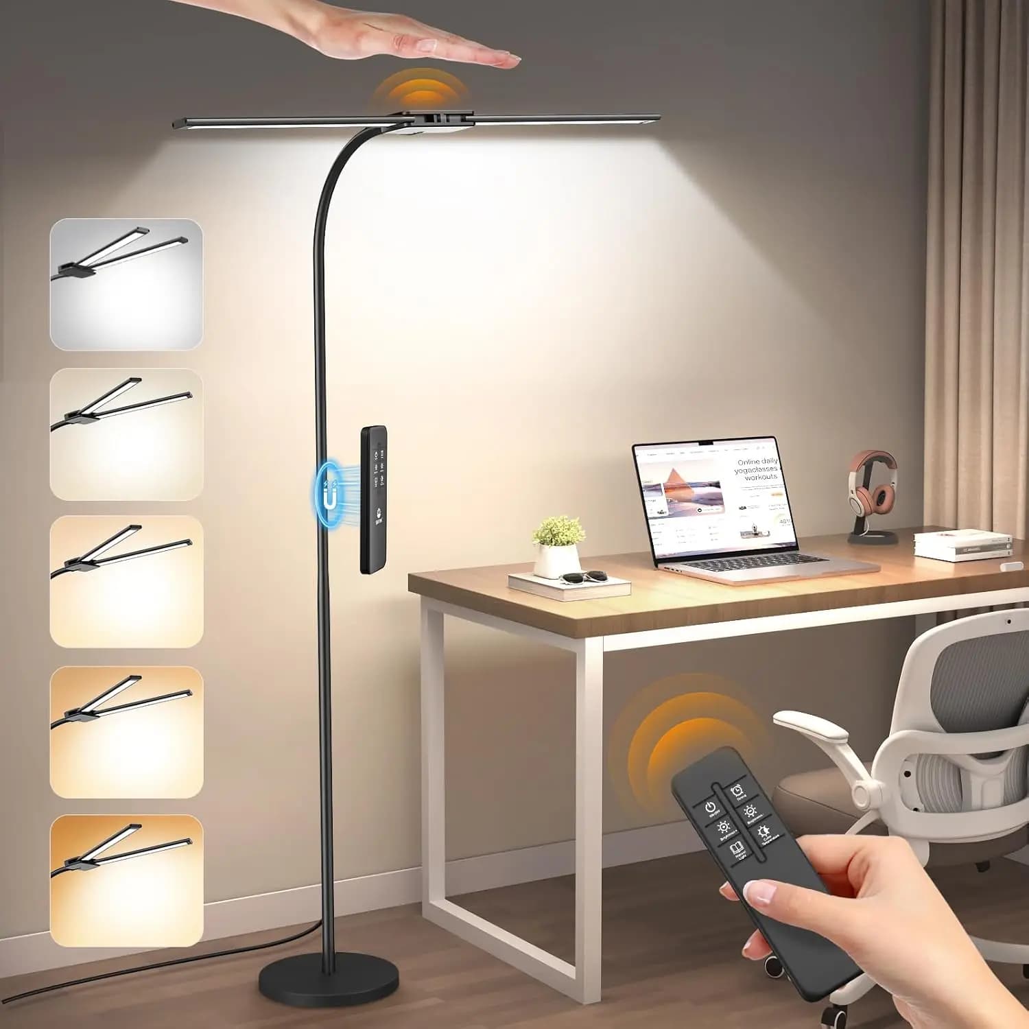 Lampada da Terra LED 14W 2000LM con Controllo Gestuale e Telecomando, Luminosità e Temperatura Colore Regolabili per Ufficio e Soggiorno