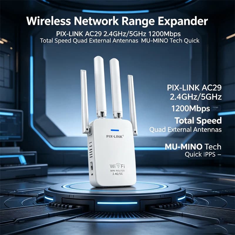 Wireless Network Range Expander PIX-LINK AC29 2.4GHz/5GHz 1200Mbps Total Speed Quad External Antennas MU-MIMO Tech Quick WPS