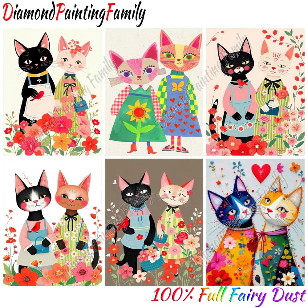 Diamond Painting Family Full Fairy Dust Crystal Resin Diamond Dot Arts Flower Cats AB Drill Embroidery Set Mosaic Painting Kits