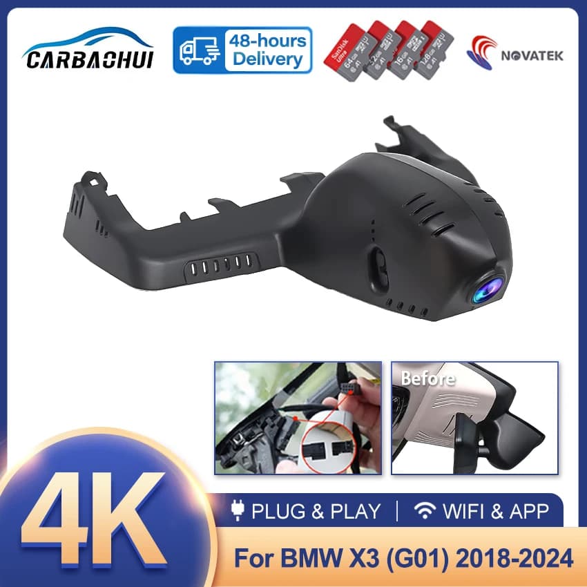 Dash Cam 4K plug and play for BMW X3,iX3,X3M G01 2018-2024, DVR camera for UHD cars, loop recording, simple installation, WDR, integrated WiFi
