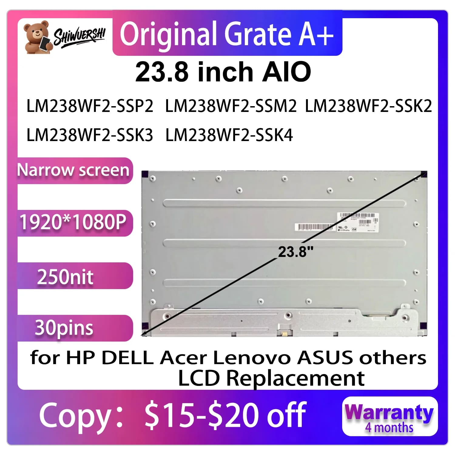 Nuovo Schermo LCD Originale A+ da 23,8 Pollici LM238WF2 SSP2 SSM2 SSK2 SSK3 SSK4 (SS)(P2) (SS)(M2) (SS)(K2) (SS)(K3) (SS)(K4) Pannello Display