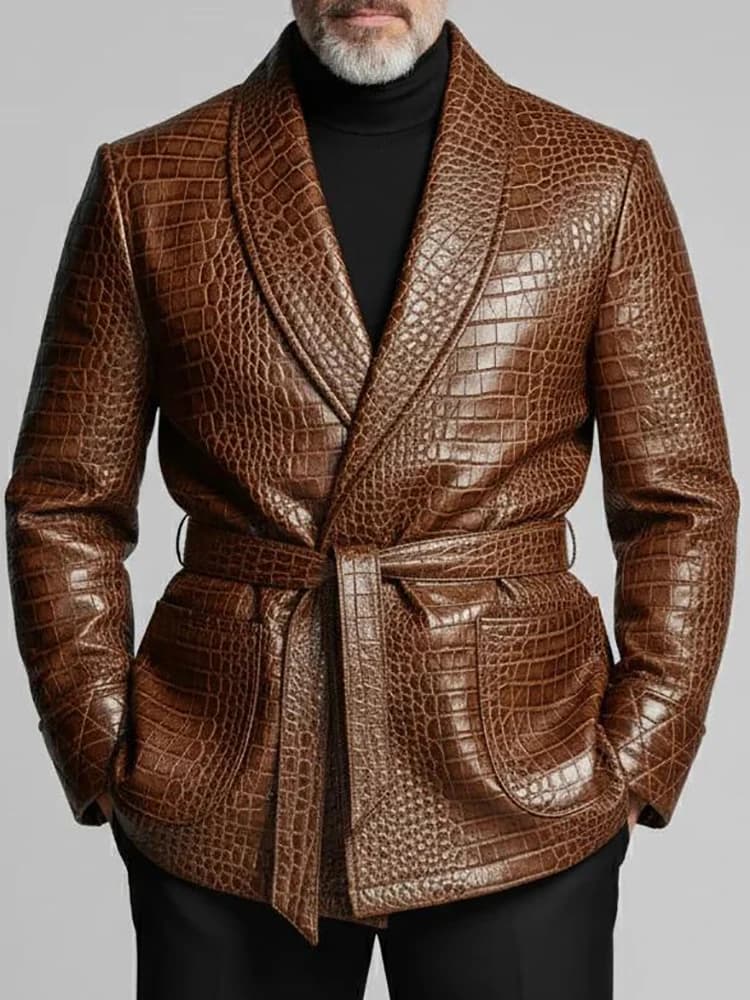 Men Elegant Brown Crocodile PU Leather Blazer Shawl Lapel Long Sleeve Pocket With Belt Business Casual Male Fashion Suit Jacket