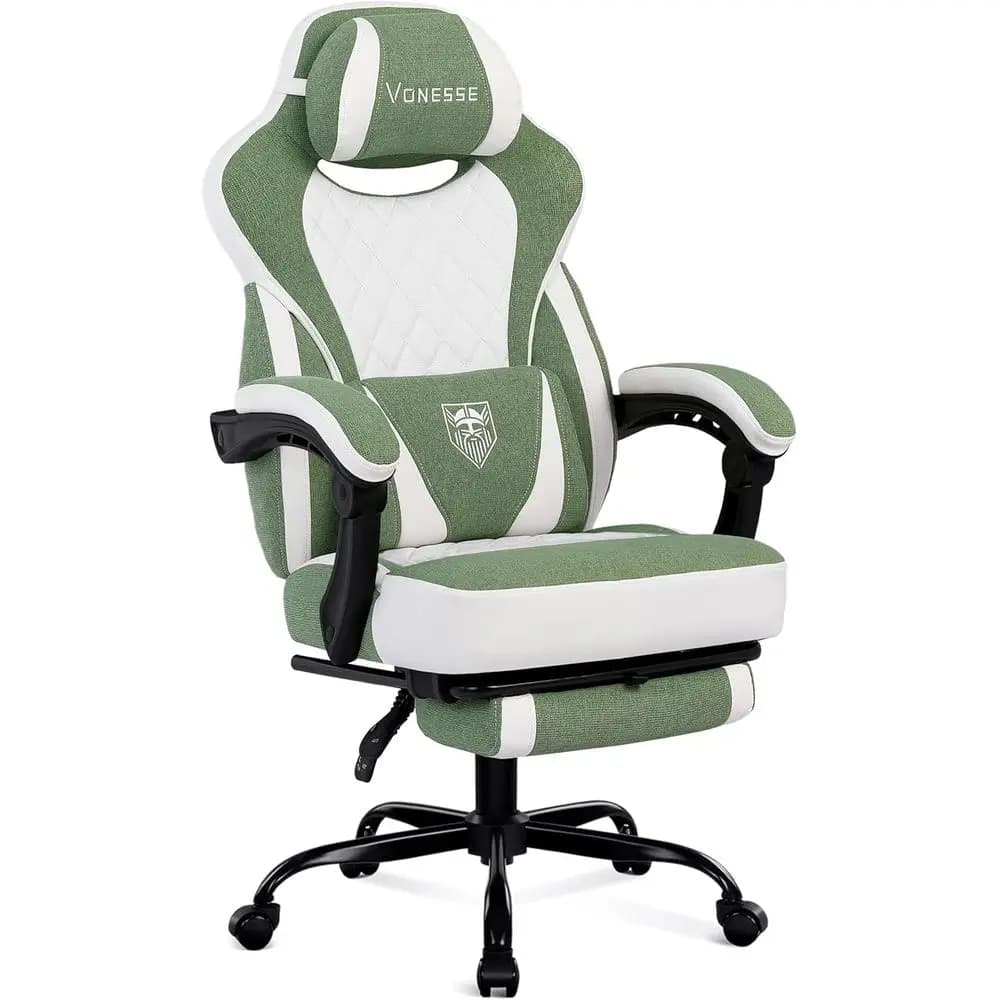 Sedia da Gaming Ergonomica Reclinabile in Tessuto Verde con Poggiapiedi e Supporto Lombare Massaggiante per Adulti fino a 113 kg