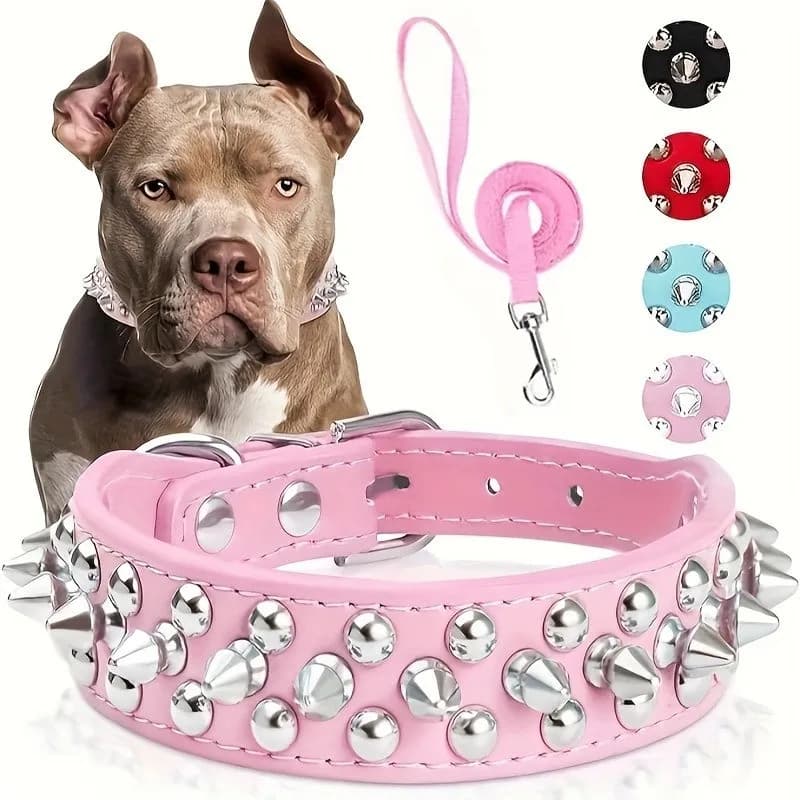 Collare per cani in pelle con borchie e set guinzaglio, regolabile per passeggiate all'aperto, accessori per animali domestici