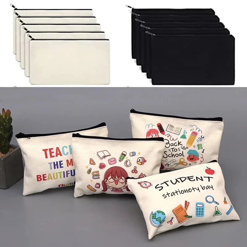 10 pezzi in bianco fai da te borsa artigianale con cerniera in tela di cotone penna astuccio per materiale scolastico fattura trucco cosmetico borsa da toilette