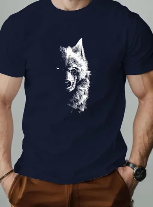 T-shirt a maniche corte da uomo - Maglietta estiva casual a tinta unita con scollo rotondo e stampa lupo, versatile per ogni occasione