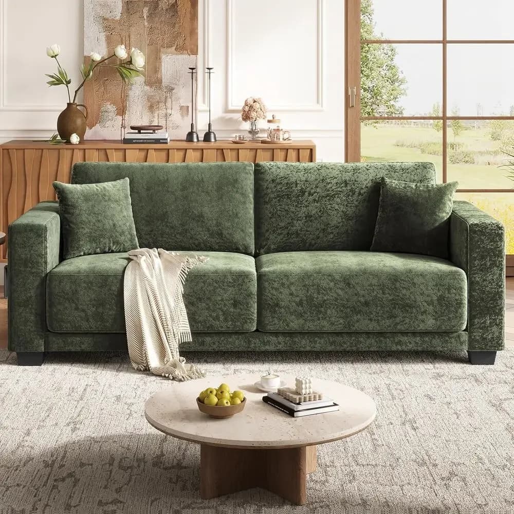 Divano Oversize 86 con 12 Cuscini Spessi, Sedute Profonde 24, per 2 Persone, Rivestimenti Rimovibili, Tessuto in Ciniglia Verde