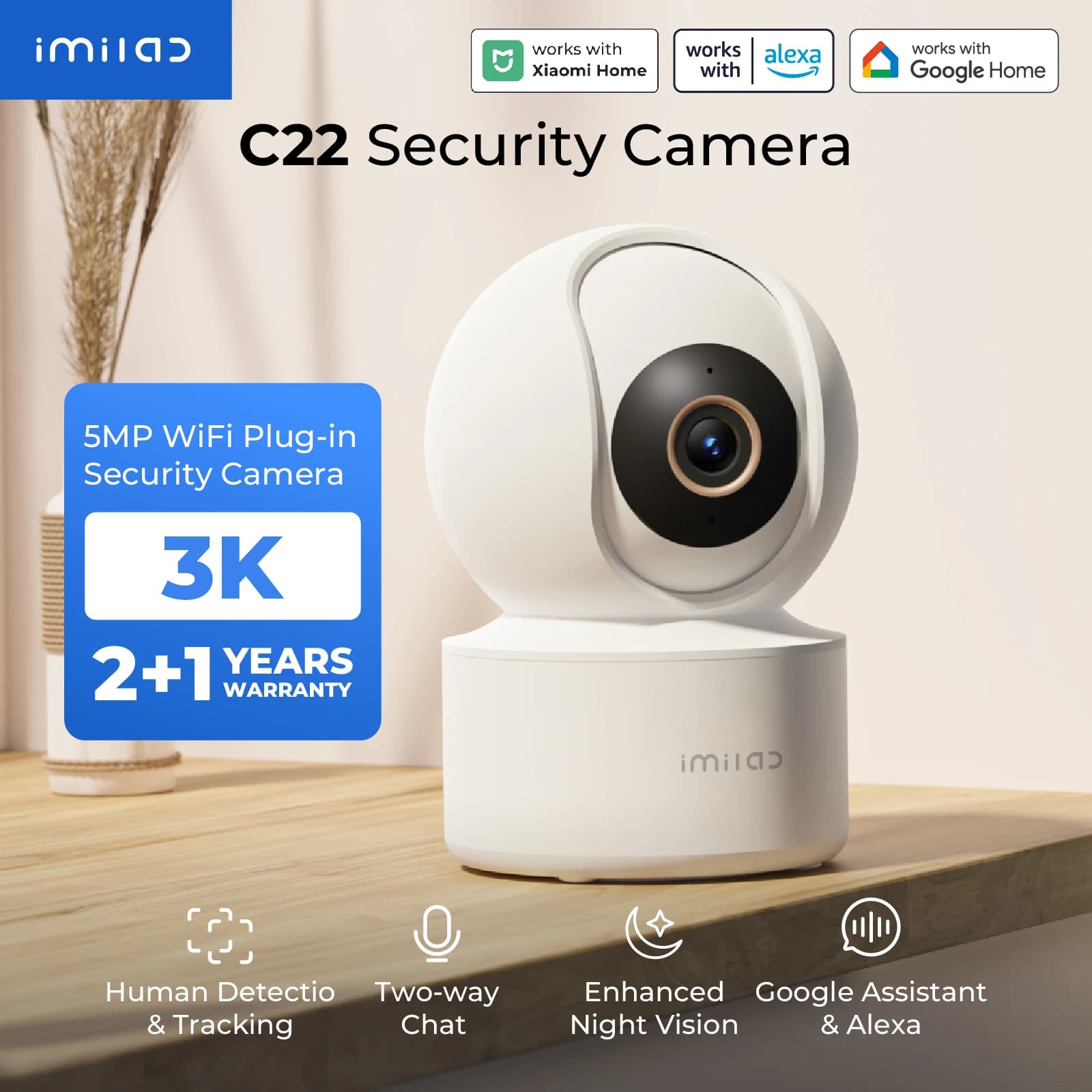 IMILAB C22 3K Telecamera IP per interni Rilevazione Monitor per visione notturna a colori per neonati/animali domestici Audio bidirezionale Wi-Fi6 Potente algoritmo AI Bianco