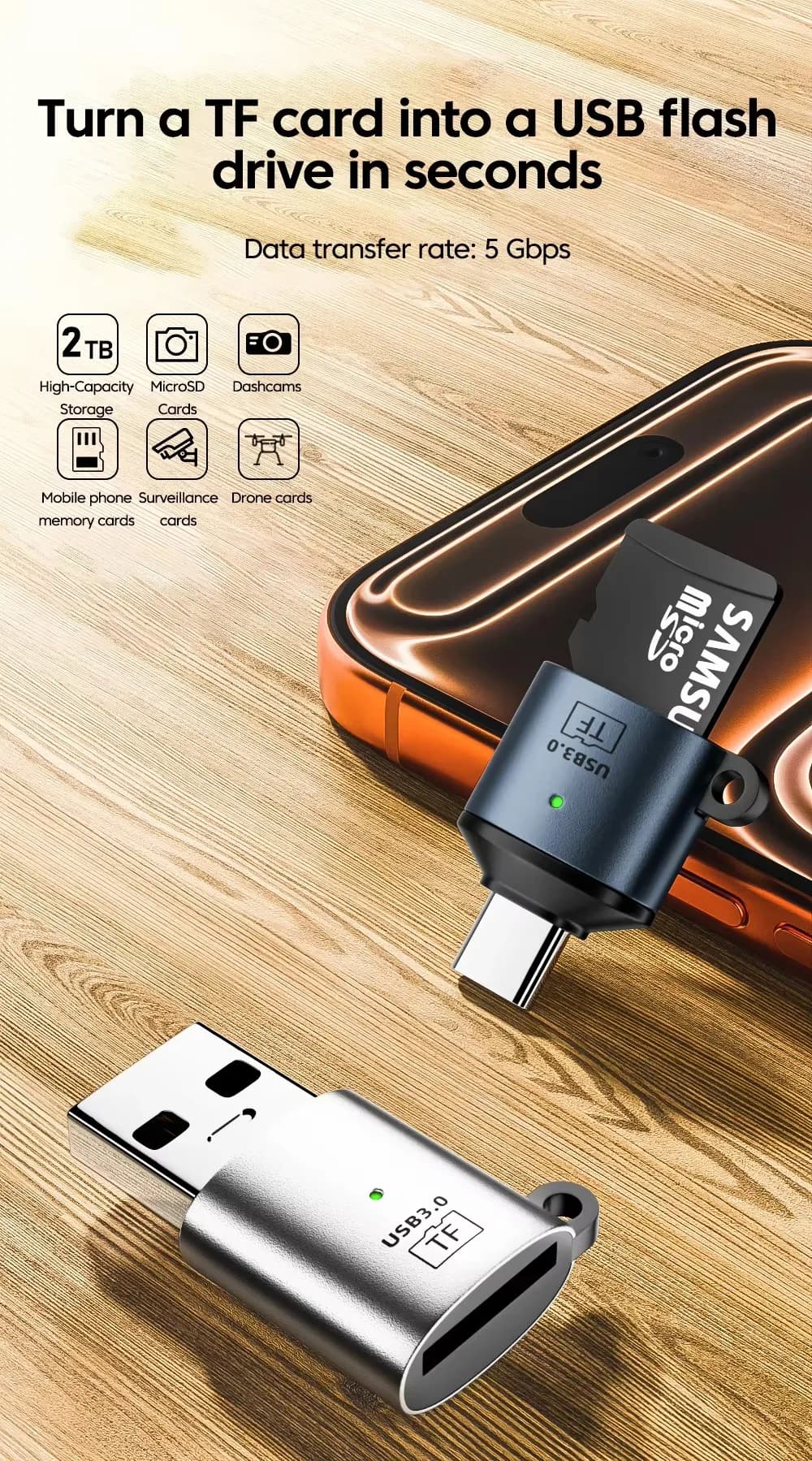 Mini TF Card Reader Adapter Type-C to TF Memory Card for Phone PC Samsung Huawei Xiaomi OTG Plug & Play