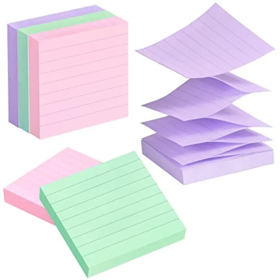 Lined Pop Up Sticky Note 3x3 inch, 6 Pack Accodian Stlye Self-Sticky Notes with Lines, Light Green Pink Purple Color, 100 Sheet