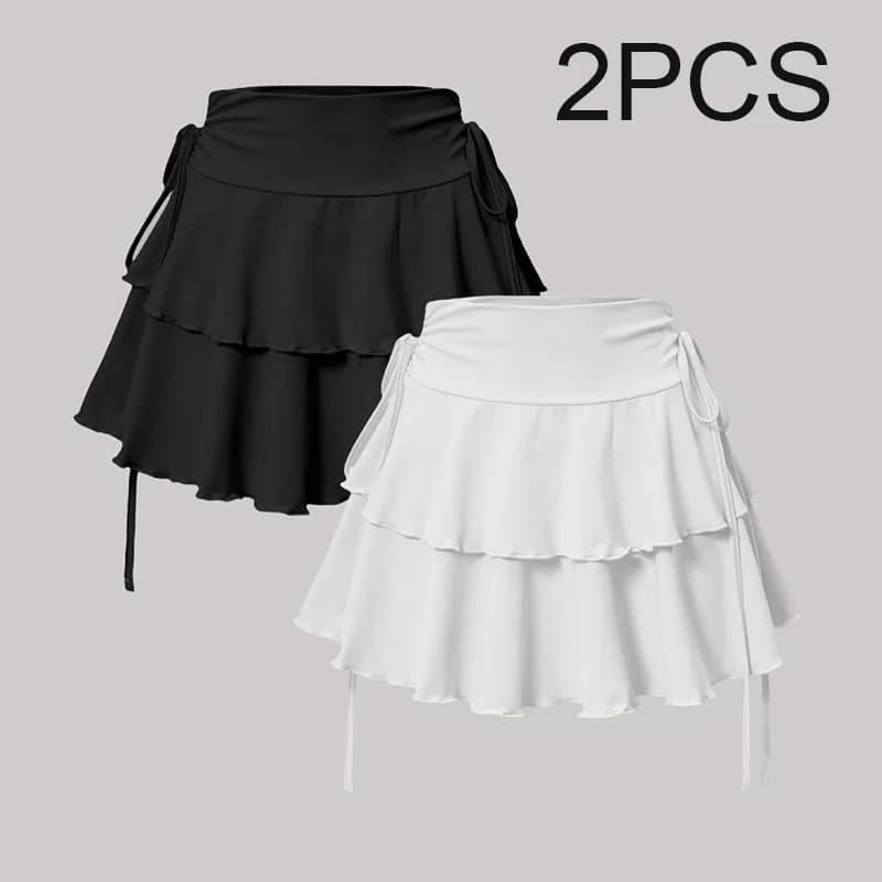 2 PCS New Women's Fashionable Solid Color Skirt With Fake Drawstring Bow Decoration and Ruffle Edge A-Line MiNi Skirt Y2K