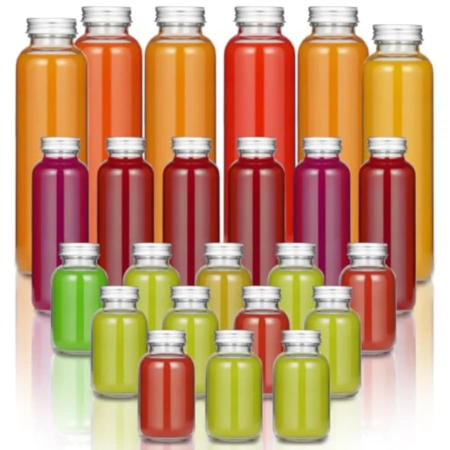 24 Bottiglie in Vetro con Coperchi da 5oz, 10oz, 16oz, Contenitori Riutilizzabili per Succhi, Barattoli Vuoti Trasparenti per Acqua con Chiusura Ermetica