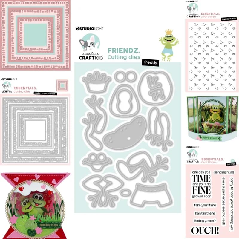 Fustelle in metallo, timbri in silicone, stencil per scrapbooking e fai da te fotografico con motivi: Blocchi, Waterlilies, Freddy, Quadrati a incastro, Cuori, Auguri di pronta guarigione