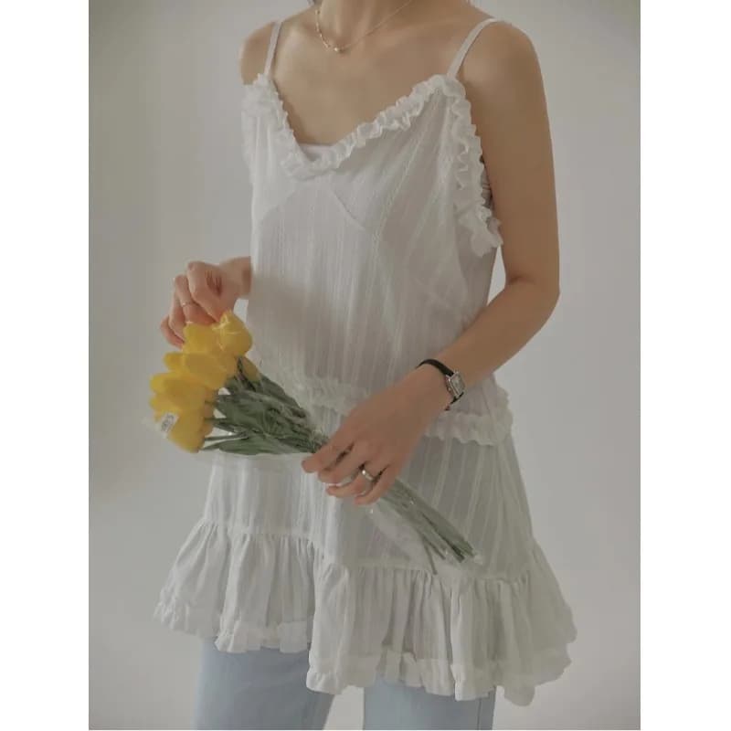 Double-Sided Wear Summer Chic White Lace Trim Design Korean Style Sweet Dress V-Neck Sleeveless Cake Skirt Casual Loose Fit