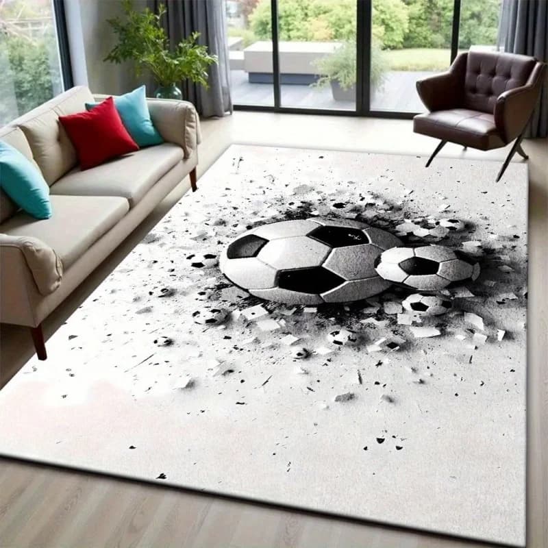 Broken Soccer Print Large Area Rug Black White Football Floor Mat Non Slip Living Room Decor Carpet